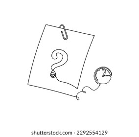 Abstract paper with paper clip and clock as line drawing on white as background. Vector