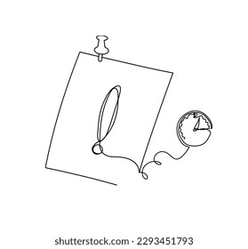 Abstract paper with paper clip and clock as line drawing on white as background. Vector