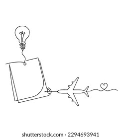 Abstract paper with paper clip and plane as line drawing on white as background. Vector