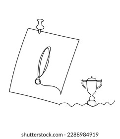 Abstraktes Papier mit Papierclip und Trophäe als Linienzeichnung auf weißem Hintergrund. Vektorgrafik