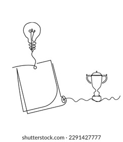 Abstract paper with paper clip and trophy as line drawing on white as background. Vector