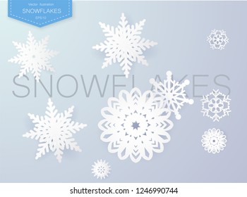 Abstract Paper Craft Snowflakes background. greeting card for winter. paper art design. vector, illustration.