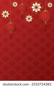 Abstract paper cut 3D lanterns and flowers illustration Chinese style on red background. Chinese New Year greeting card vertical template have blank space.