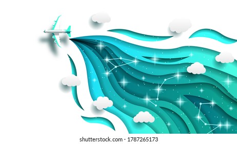 Abstract Paper Cut Airplane Flying On Turquoise Sky With Clouds And Stars Background Travel