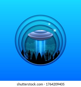 Abstract Paper Cut Alien Invasion Ufo Flying Saucer Spaceship Vector Illustration Design Style