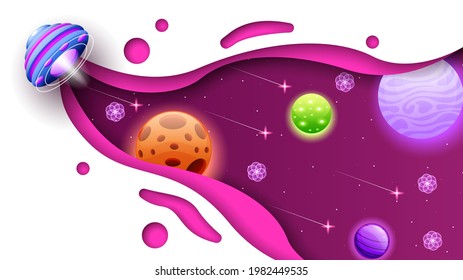 Abstract Paper Cut Aliens On Flying Saucers In Dark Space Planet Background Gradient Unidentified Flying Object Ufo Stars Vector Design Style