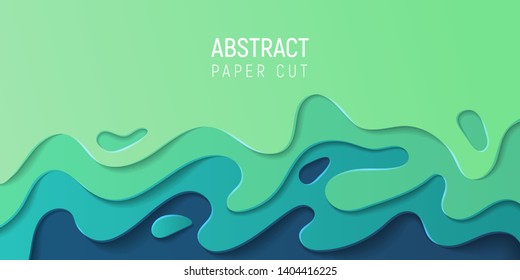 Abstract paper cut background. Banner with 3D abstract background with blue and green paper cut waves. Vector illustration.