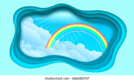 Abstract Paper Cut Background With Clouds Sky Rainbow Vector Style