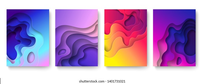 Abstract paper cut background. Cutout fluid shapes, color gradient layers. Cutting papers art. Purple origami carving 3d vector posters