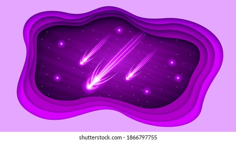 Abstract Paper Cut Background With Falling Stars Sky Glow Vector Style Nature Landscape