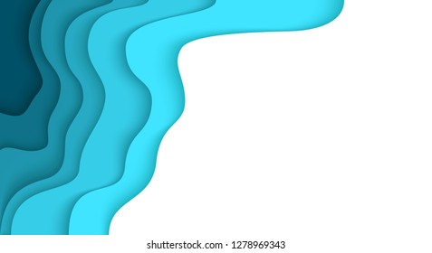 Abstract paper cut background. Horizontal banner, brochure, poster. Blue and turquoise color. Simple realistic design. Beautiful template. Flat style vector illustration.