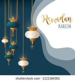 Abstract paper cut background with lanterns. Ramadan Kareem vector illustration