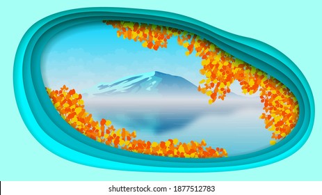 Abstract Paper Cut Background With Mountain Water Tree Leaves Leaf Sky Vector Style