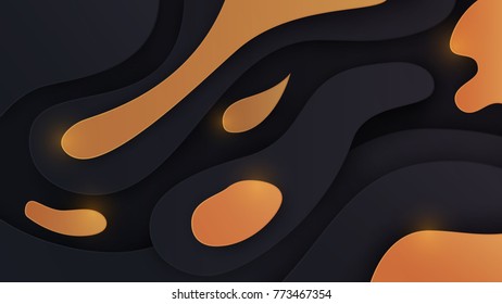 Abstract paper cut background with simple  black and golden shapes. Modern vector illustration for concept design. Realistic 3d layered smooth bending objects.