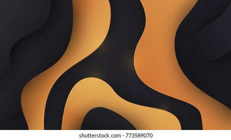 Abstract paper cut background with simple  black and golden shapes. Modern vector illustration for concept design. Realistic 3d layered smooth bending objects.