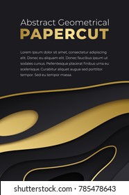 Abstract paper cut background with simple black and golden shapes. Modern vector illustration for concept design. Realistic 3d layered smooth papercut.