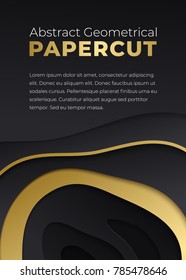 Abstract paper cut background with simple black and golden shapes. Modern vector illustration for concept design. Realistic 3d layered smooth papercut.