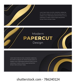 Abstract paper cut background with simple black and golden shapes. Modern vector horizontal banner cover design. Realistic 3d layered smooth papercut.