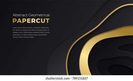 Abstract paper cut background with simple black and golden shapes. Modern vector illustration for concept design. Realistic 3d layered smooth papercut.