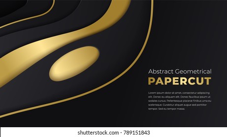 Abstract paper cut background with simple black and golden shapes. Modern vector illustration for concept design. Realistic 3d layered smooth papercut.