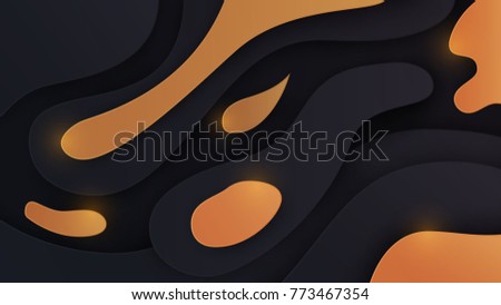Abstract paper cut background with simple  black and golden shapes. Modern vector illustration for concept design. Realistic 3d layered smooth bending objects.