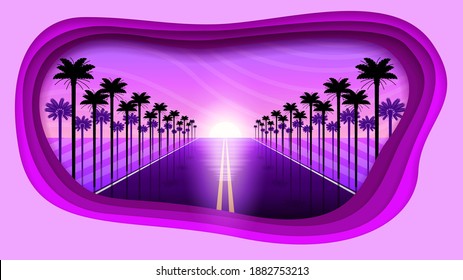 Abstract Paper Cut Background Summer With Trees Palm Road Sun Vector Style