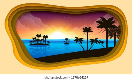 Abstract Paper Cut Background With Trees Palm Water Sky Sun Clouds Water Vector Style