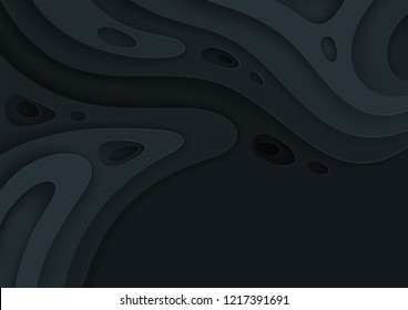 Abstract paper cut black background with wavy layers; Realistic carving art; Vector 3d template with place for text.