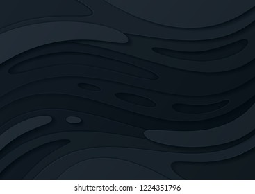 Abstract paper cut black background with wavy layers; Realistic carving art; Vector 3d template; Material design concept.
