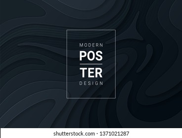 Abstract paper cut black background with wavy layers; Realistic carving art; Vector 3d template; Material design concept.