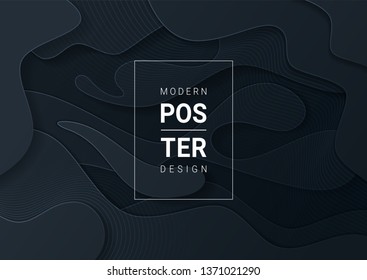 Abstract paper cut black background with wavy layers; Realistic carving art; Vector 3d template; Material design concept.