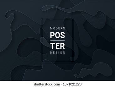 Abstract paper cut black background with wavy layers; Realistic carving art; Vector 3d template; Material design concept.