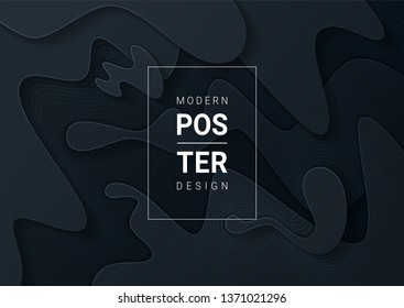Abstract paper cut black background with wavy layers; Realistic carving art; Vector 3d template; Material design concept.
