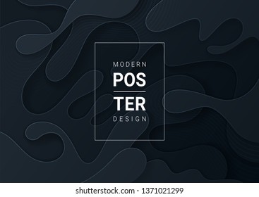 Abstract paper cut black background with wavy layers; Realistic carving art; Vector 3d template; Material design concept.