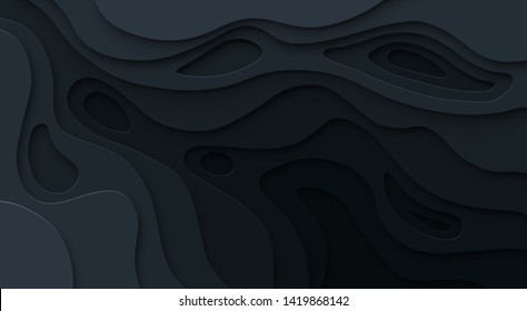 Abstract Paper Cut Black Background. Topographic Map Dark Relief Texture With Curved Levels, Hole And Shadow. Vector Cutout Concept