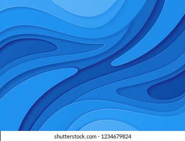 Abstract paper cut blue background with wavy layers; Realistic carving art; Vector 3d template; Material design concept.