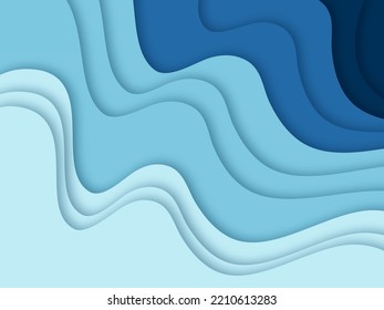 Abstract Paper Cut Blue Seascape For Space Design,cut And Fill Land, Gradient Shade Wave Background.vector Ocean Or River 