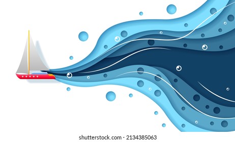 Abstract Paper Cut Boat Swim On Water White Background Vector Design Style