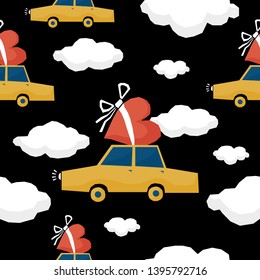 Abstract paper cut car and heart seamless pattern. Childish crafted heart and car background for design birthday card, wedding party poster, valentine's day shop sale advertising, bag print etc. 