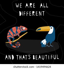 Abstract  paper cut chameleon and toucan pattern. Childish crafted chameleon for design birthday card, veterinarian clinic poster, pet shop sale advertising, bag print etc. 