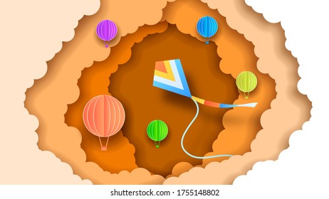 Abstract Paper Cut Clouds WIth Kite And Balloons Vector Design