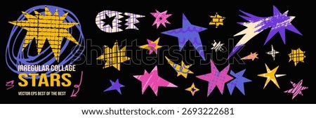 Abstract paper cut collage with irregular star and starburst shapes set. Perfect for social media graphics and poster design projects