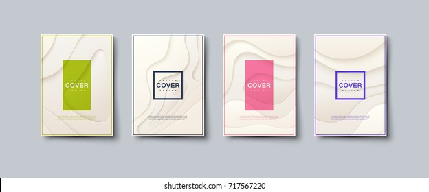 Abstract paper cut cover design. Vector creative illustration. A4 paper size posters textured with wavy ivory paper layers. Party or business flyers template. Brandbook covers mockup. Material design