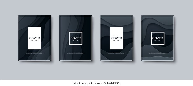 Abstract paper cut cover design. Vector creative illustration. A4 paper size black posters textured with wavy paper layers. Flyers or brochure template. 3d topography relief covers. Material design