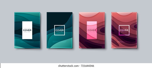 Abstract paper cut cover design. Vector creative illustration. A4 paper size posters textured with wavy paper layers. Party or business flyers template. 3d topography relief covers. Material design