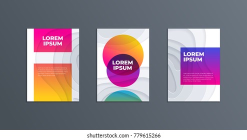 Abstract paper cut cover design. Vector creative illustration. Three posters textured with wavy paper layers and colorful gradient. Book or magazine cover design. 3d papercut effect.