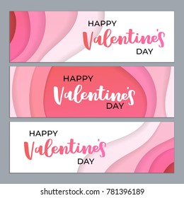 Abstract paper cut cover design. Vector creative illustration. Valentines day three horizontal banners textured with wavy colorful paper layers. 3d papercut effect.