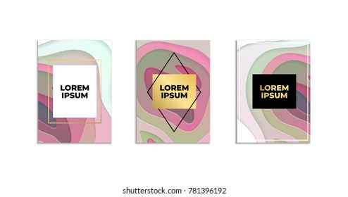 Abstract paper cut cover design in green and pink color theme. Vector creative illustration. Three posters textured with wavy colorful paper layers. Book or magazine cover design. 3d papercut effect.
