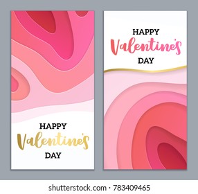 Abstract paper cut cover design. Vector creative illustration. Valentines day two vertical banners textured with wavy colorful paper layers. 3d papercut effect.