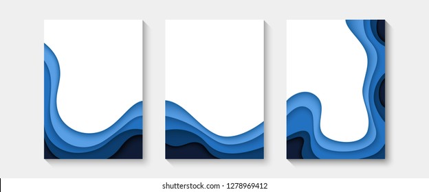 Abstract Paper Cut Covers. Vertical Banners, Brochures, Posters. Blue Color. Simple Realistic Design. Beautiful Background. Flat Style Vector Illustration.